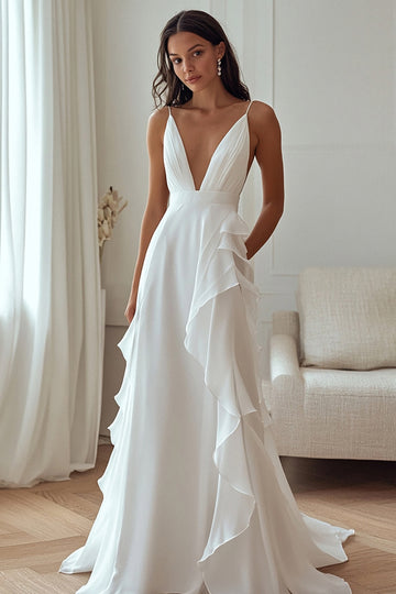Ivory V-Neck A Line Wedding Dress with Ruffles